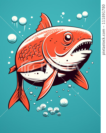 AI-generated content. stylized red fish illustration with bubbles, and teal backdrop 111891780