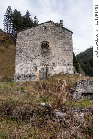 Abandoned gothic church San Gaudenzio at the Maloja pass in Switzerland Abandoned gothic church San Gaudenzio at the Maloja pass in Switzerland 111891781