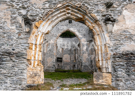 Abandoned gothic church San Gaudenzio at the Maloja pass in Switzerland Abandoned gothic church San Gaudenzio at the Maloja pass in Switzerland 111891782