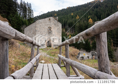 Abandoned gothic church San Gaudenzio at the Maloja pass in Switzerland Abandoned gothic church San Gaudenzio at the Maloja pass in Switzerland 111891786