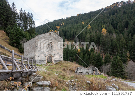 Abandoned gothic church San Gaudenzio at the Maloja pass in Switzerland Abandoned gothic church San Gaudenzio at the Maloja pass in Switzerland 111891787
