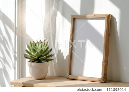 minimalistic wood frame with plant on shelf, generative AI 111892014