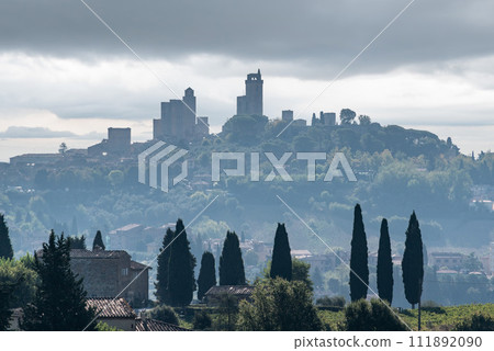 Panoramic view of famous medieval town San Gimignano in the Tuscany Panoramic view of famous medieval town San Gimignano in the Tuscany 111892090