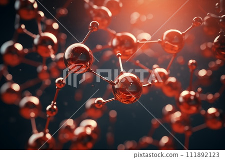 AI-generated content. Close up visualization of with red molecule or atom, Abstract structure for Science or medical background With the red light 111892123