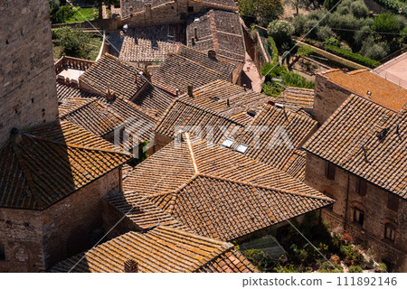 Wide panoramic view over downtown San Gimignano, seen from Torre Grosso 111892146