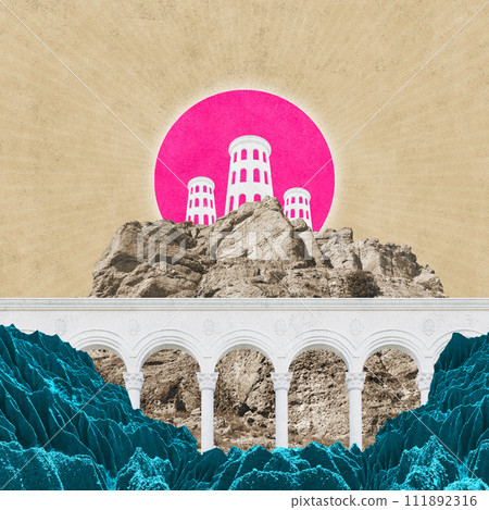 Surreal collage with elements classic architecture. Art poster, concept, zine cover. Antique cityscape Surreal collage with elements classic architecture. Art poster, concept, zine cover. Antique cityscape 111892316