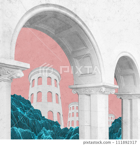 Surreal collage with elements classic architecture. Art poster, concept, zine cover. Antique cityscape Surreal collage with elements classic architecture. Art poster, concept, zine cover. Antique cityscape 111892317
