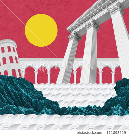Surreal collage with elements classic architecture. Art poster, concept, zine cover. Antique cityscape Surreal collage with elements classic architecture. Art poster, concept, zine cover. Antique cityscape 111892319