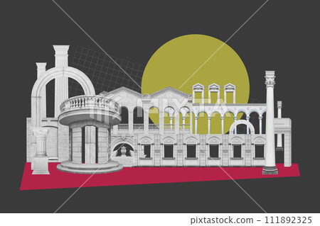 Surreal collage with elements classic architecture. Art poster, concept, zine cover. Antique cityscape Surreal collage with elements classic architecture. Art poster, concept, zine cover. Antique cityscape 111892325