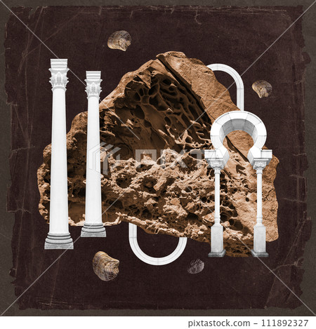 Surreal collage with elements classic architecture. Art poster, concept, zine cover. Antique cityscape Surreal collage with elements classic architecture. Art poster, concept, zine cover. Antique cityscape 111892327