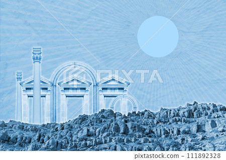 Surreal collage with elements classic architecture. Art poster, concept, zine cover. Antique cityscape Surreal collage with elements classic architecture. Art poster, concept, zine cover. Antique cityscape 111892328