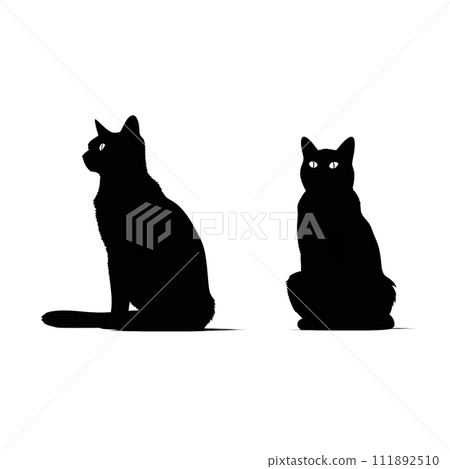 Black silhouette of two cats on white background. 111892510