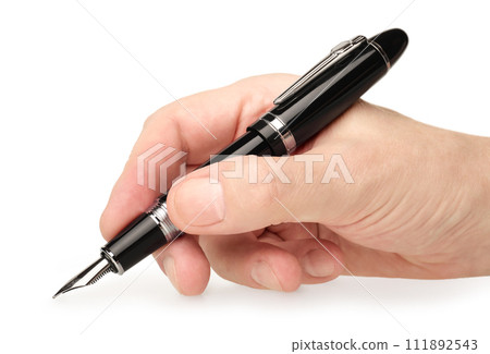 Hand holding classic black fountain pen Hand holding classic black fountain pen 111892543