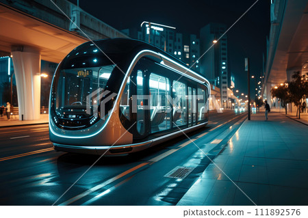 Eco-Friendly Commuting: Electric Bus in Urban Oasis Eco-Friendly Commuting: Electric Bus in Urban Oasis 111892576