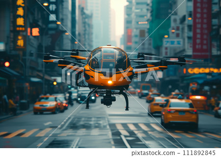 Futuristic Skyline: Cityscape with Drone Taxi Futuristic Skyline: Cityscape with Drone Taxi 111892845