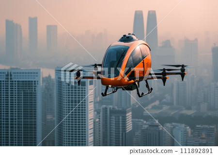 Modern Urban Mobility: Taxi Drone Over City Modern Urban Mobility: Taxi Drone Over City 111892891
