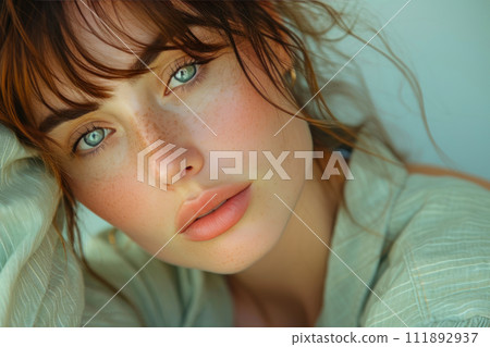 Fatigued Elegance: A Woman in Soft Greens 111892937