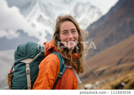 Joyful Himalayan Adventure: Smiling Woman Trekking 111893036