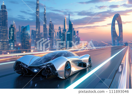 City of Tomorrow: Cutting-Edge Car on Futuristic Highway City of Tomorrow: Cutting-Edge Car on Futuristic Highway 111893046