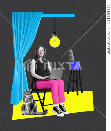 Young woman sitting with laptop at home with cat, working remotely. Online communication. Contemporary art collage. Young woman sitting with laptop at home with cat, working remotely. Online communication. Contemporary art collage. 111893133