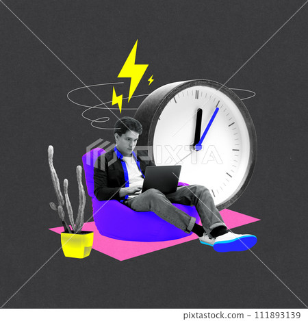 Young man sitting on floor pillow and working on laptop near giant clock showing time. Freelancer. Working time counting. Contemporary art collage. Young man sitting on floor pillow and working on laptop near giant clock showing time. Freelancer. Working time counting. Contemporary art collage. 111893139