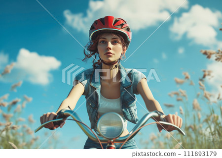Young Woman Cycling: Frontal Perspective Young Woman Cycling: Frontal Perspective 111893179