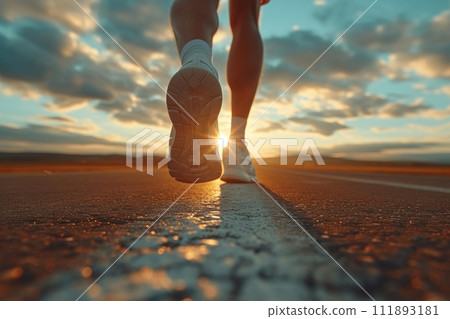 Sprinting Stride: Close-up of Runner's Feet in Natural Light 111893181