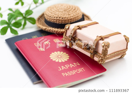 旅行包行李箱、護照和草帽 旅行包行李箱、護照和草帽 111893367
