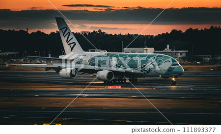 Airbus A380 passenger plane heading to the parking lot after landing at Narita Airport Airbus A380 passenger plane heading to the parking lot after landing at Narita Airport 111893377