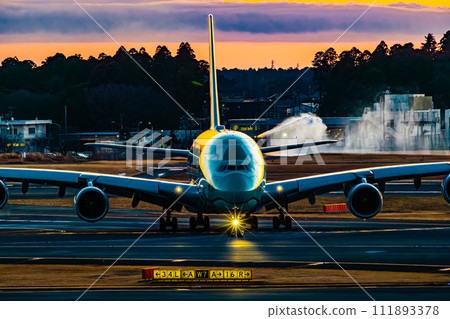 Airbus A380 passenger plane heading to the parking lot after landing at Narita Airport Airbus A380 passenger plane heading to the parking lot after landing at Narita Airport 111893378