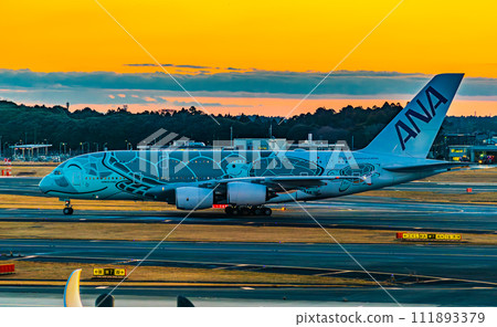 Airbus A380 passenger plane heading to the parking lot after landing at Narita Airport Airbus A380 passenger plane heading to the parking lot after landing at Narita Airport 111893379