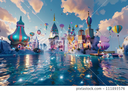 VR Wonderland. An imaginary scene, a surreal and fantastical VR world filled with vibrant colors, floating islands, and bizarre creatures. VR Wonderland. An imaginary scene, a surreal and fantastical VR world filled with vibrant colors, floating islands, and bizarre creatures. 111893576