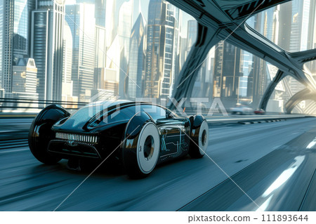 Sleek Futuristic Automobile Gliding Through Urban Oasis 111893644