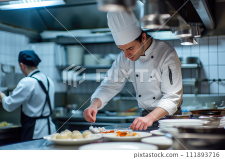 Artisanal Italian Chef at Work in High-End Kitchen Artisanal Italian Chef at Work in High-End Kitchen 111893716