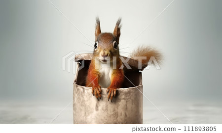 AI-generated content. Funny squirrel peeking out of box 111893805