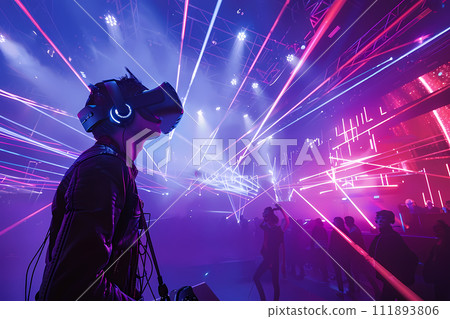VR concert. The atmosphere of a virtual concert. Performing in a virtual space filled with dynamic light and visual effects. 111893806