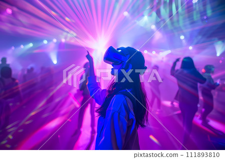 VR concert. The atmosphere of a virtual concert. Performing in a virtual space filled with dynamic light and visual effects. VR concert. The atmosphere of a virtual concert. Performing in a virtual space filled with dynamic light and visual effects. 111893810