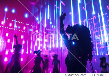 VR concert. The atmosphere of a virtual concert. Performing in a virtual space filled with dynamic light and visual effects. VR concert. The atmosphere of a virtual concert. Performing in a virtual space filled with dynamic light and visual effects. 111893812