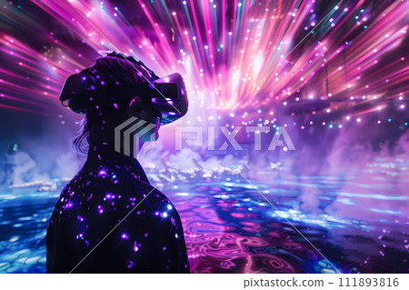 VR concert. The atmosphere of a virtual concert. Performing in a virtual space filled with dynamic light and visual effects. VR concert. The atmosphere of a virtual concert. Performing in a virtual space filled with dynamic light and visual effects. 111893816
