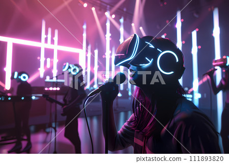 VR concert. The atmosphere of a virtual concert. Performing in a virtual space filled with dynamic light and visual effects. VR concert. The atmosphere of a virtual concert. Performing in a virtual space filled with dynamic light and visual effects. 111893820