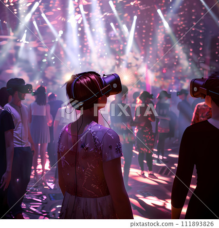 VR concert. The atmosphere of a virtual concert. Performing in a virtual space filled with dynamic light and visual effects. VR concert. The atmosphere of a virtual concert. Performing in a virtual space filled with dynamic light and visual effects. 111893826