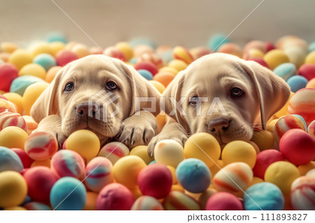 AI-generated content. Cute white Labrador puppies sitting in colorful little balls and pose looking at camera 111893827