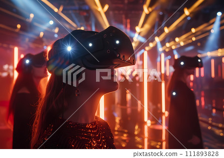 VR concert. The atmosphere of a virtual concert. Performing in a virtual space filled with dynamic light and visual effects. VR concert. The atmosphere of a virtual concert. Performing in a virtual space filled with dynamic light and visual effects. 111893828