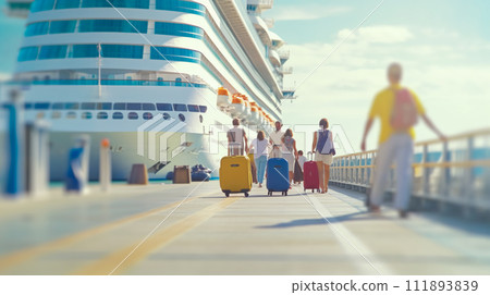 AI-generated content. Yellow and blue suitcases stand in port as they are loading onto cruise ship. Family rest and vacation concept 111893839