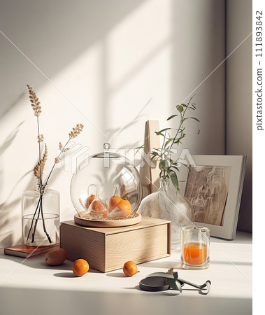 AI-generated content. Beautiful glass vases, interior details in modern room. Rays of the sun illuminate Scandinavian style interior 111893842