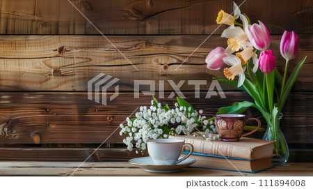 AI-generated content. Spring Flowers and Book on Table 111894008