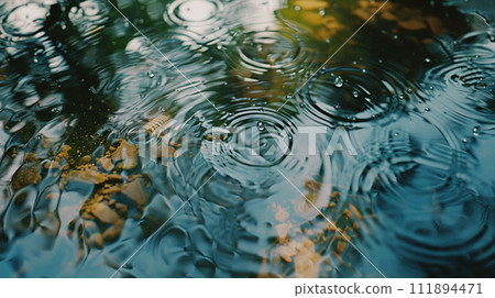 raindrops hitting the water surface 111894471