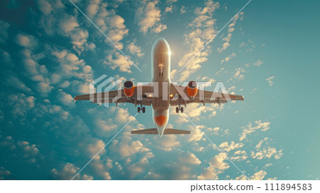 Above and Beyond: Aerial View of a Flying Jetliner 111894583