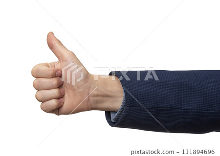 Businessman hand showing thumbs up sign, isolated on white background. 111894696