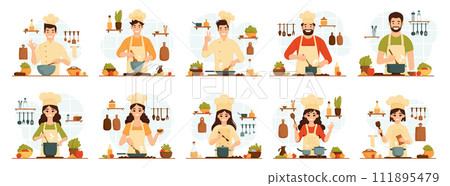 Collection of various male and female chefs who prepare food. Smiling people cooking in the kitchen at the stove. A guy and a girl are in the process of preparing hot dishes. Vector flat illustration Collection of various male and female chefs who prepare food. Smiling people cooking in the kitchen at the stove. A guy and a girl are in the process of preparing hot dishes. Vector flat illustration 111895479